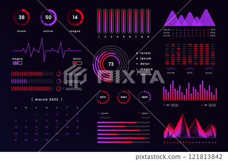 Infographic UI UX dashboard. Finance graph statistic chart diagrams, user interface web data, futuristic vector admin panel 121813842