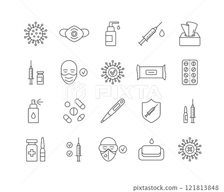 Medical line icons. Coronavirus treatment vaccine outline set, clinic stage trial concept. Vector illustration 121813848