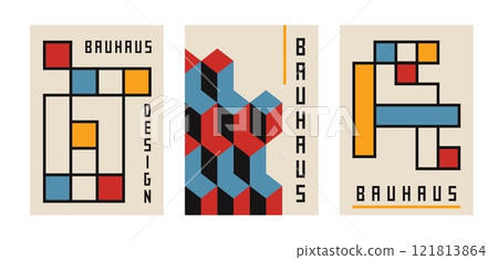 Bauhaus digital art print. Retro geometric background swiss style, simple poster set for home decoration. Vector illustration 121813864