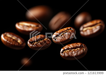 Close-up shot of coffee beans with a rich roasted texture and a luxurious feel 121813999