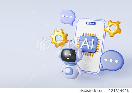AI chat bot technology 3d banner. Mobile phone with artificial intelligence chip render icon, cute robot character, text bubble, gear. Support service assistant, virtual digital agent. 3D illustration AI chat bot technology 3d banner. Mobile phone with artificial intelligence chip render icon, cute robot character, text bubble, gear. Support service assistant, virtual digital agent. 3D illustration 121814058