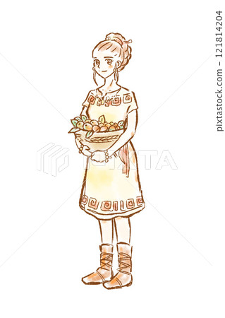 Jomon period, woman, Jomon life, nut gathering, girl, whole body Jomon period, woman, Jomon life, nut gathering, girl, whole body 121814204