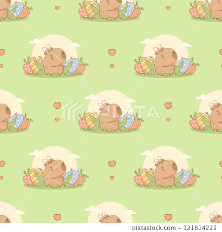 Easter Seamless pattern. Cute Capybara with paschal Eggs on green background. Holiday cartoon kawaii character animal backdrop. Vector illustration. Kids collection 121814221