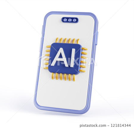 3d mobile phone with ai chip icon on white screen render. Artificial intelligence innovation technology concept. Isolated smartphone with microchip processor, computer circuit board. 3D illustration 3d mobile phone with ai chip icon on white screen render. Artificial intelligence innovation technology concept. Isolated smartphone with microchip processor, computer circuit board. 3D illustration 121814344