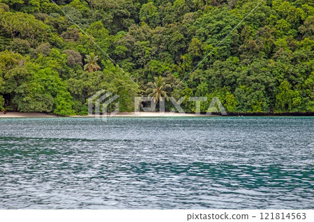Tropical lagoon with turquoise water and lush rainforest in the background 121814563