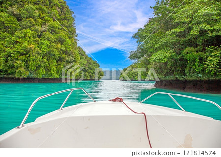 View from a boat of an emerald green lagoon with lush vegetation View from a boat of an emerald green lagoon with lush vegetation 121814574