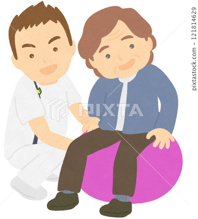 A person undergoing rehabilitation using a balance ball and a physical therapist 121814629