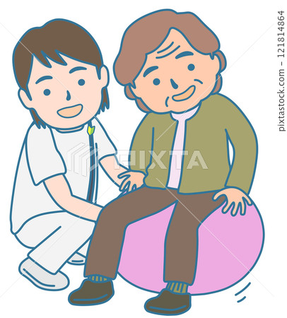 A person undergoing rehabilitation using a balance ball and a physical therapist 121814864