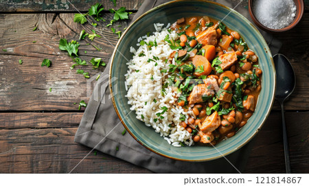 A bowl of rice and vegetable stew with beans, carrots, and parsley garnish on a rustic wooden table 121814867