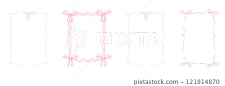 Romantic coquette ribbon frame, wedding ornate curly border collection. Hand drawn doodle sketch girly retro decorations. 121814870