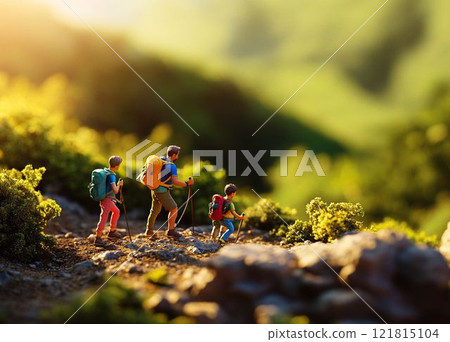Miniature family hiking in the mountains 121815104