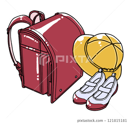 Illustration of a school bag, yellow hat and indoor shoes 121815181