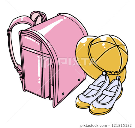 書包、黃色帽子和鞋子的插圖 121815182