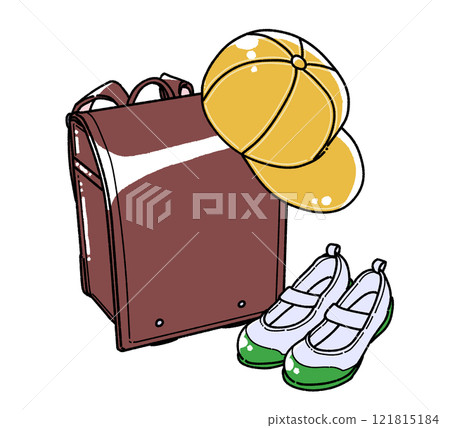 Illustration of a school bag, yellow hat and indoor shoes 121815184