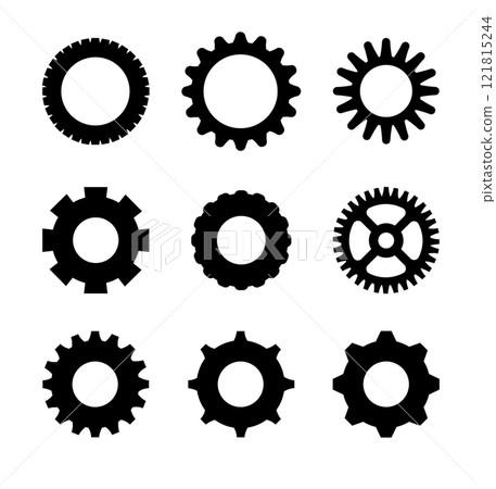 Gears shapes line icons. Flat machine gear icon. Wheel cogwheel vector. Simple outline isolated elements. Black gear. Gears shapes line icons. Flat machine gear icon. Wheel cogwheel vector. Simple outline isolated elements. Black gear. 121815244