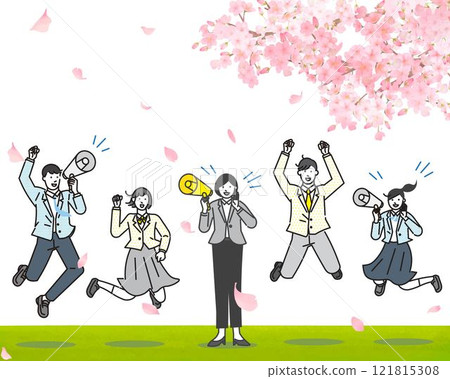 櫻花樹下拿著擴音器跳躍的老師和男女學生-為考生加油-人物向量圖素材 121815308