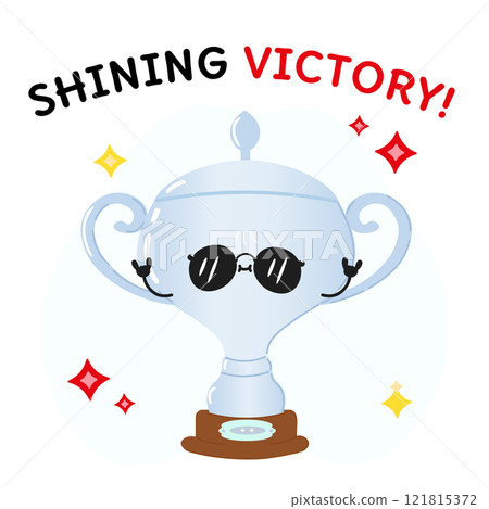 Cute Silver trophy cup character with sunglasses and playful text Shining Victory. Vector hand drawn cartoon kawaii character illustration icon. Silver trophy cup character concept Cute Silver trophy cup character with sunglasses and playful text Shining Victory. Vector hand drawn cartoon kawaii character illustration icon. Silver trophy cup character concept 121815372