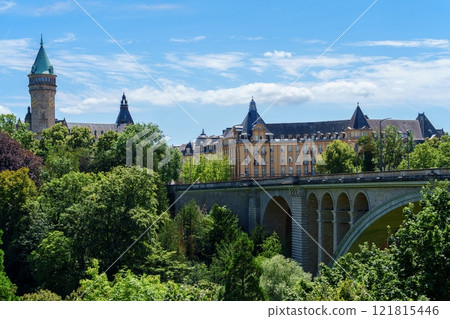 A view of the historic Adolphe Bridge and the Petrusse valley in Luxembourg City, Luxembourg. A view of the historic Adolphe Bridge and the Petrusse valley in Luxembourg City, Luxembourg. 121815446