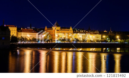 Stunning Panoramic View of Prague, Czech Republic at Night with Vltava River and Historic Landmarks Stunning Panoramic View of Prague, Czech Republic at Night with Vltava River and Historic Landmarks 121815492