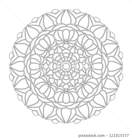 Symmetrical pattern in Tantric yoga of Buddhism and Hinduism. Contour mandala ornament for coloring and scrapbooking. A design element for the development of a color composition Symmetrical pattern in Tantric yoga of Buddhism and Hinduism. Contour mandala ornament for coloring and scrapbooking. A design element for the development of a color composition 121815577