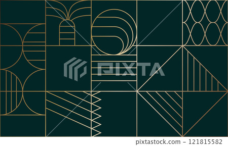 Seamless abstract composition. Simple geometric shapes create an abstract pattern. Golden background template. The idea of wallpaper, cover art and creative design Seamless abstract composition. Simple geometric shapes create an abstract pattern. Golden background template. The idea of wallpaper, cover art and creative design 121815582