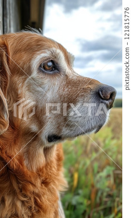 An elderly dog resting on a porch, overlooking a peaceful countryside 121815776