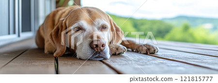 An elderly dog resting on a porch, overlooking a peaceful countryside An elderly dog resting on a porch, overlooking a peaceful countryside 121815777