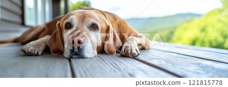 An elderly dog resting on a porch, overlooking a peaceful countryside 121815778