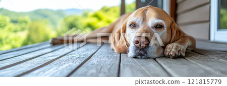 An elderly dog resting on a porch, overlooking a peaceful countryside An elderly dog resting on a porch, overlooking a peaceful countryside 121815779