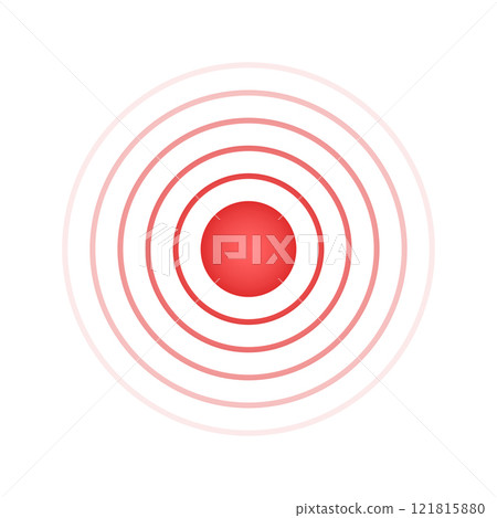 Sore, ache or inflammation symbol. Pulse, vibration or expansion sign. Shockwave, radar signal, sonar or sound wave pictogram. Pain localization icon. Red concentric circles. Vector illustration 121815880