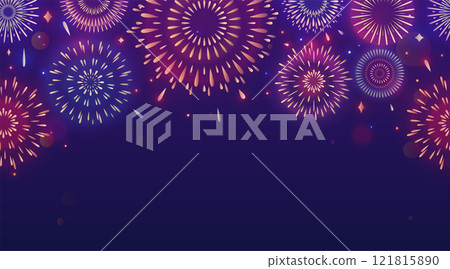 Firework vector background. Realistic light fire work seamless border. Color firecrackers on night sky for celebration event. New year, anniversary, carnival bright design with burst pyrotechnics Firework vector background. Realistic light fire work seamless border. Color firecrackers on night sky for celebration event. New year, anniversary, carnival bright design with burst pyrotechnics 121815890