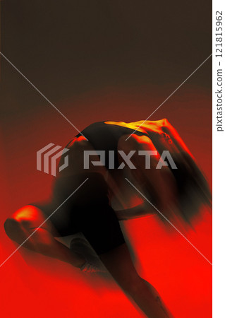 Contemporary art collage. Limitless potential. Young flexible woman, athletic dancer in bold red-orange neon glow with motion blur effect. 121815962