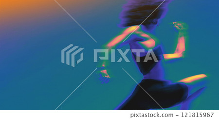 Poster. Contemporary art design. Push toward goals. Young athletic woman, runner training in neon glow with glass effect. 121815967