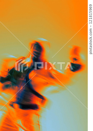 Poster. Modern graphic artwork. Intensity of action. Young boxers motion conveys raw power and focus in blue tones of neon glow with blurred effect. 121815969