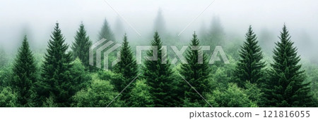Fog and clouds on mountain. Misty landscape with fir forest. Beautiful landscape Fog and clouds on mountain. Misty landscape with fir forest. Beautiful landscape 121816055