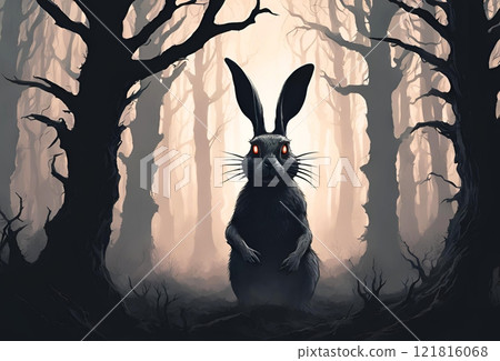 Illustration of a creepy black rabbit standing in a dark forest 121816068