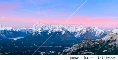 Sunset skyline of town of Banff and Bow valley, view from Gondola Sulphur Mountain at Banff National Park in Alberta, Canada. Sunset skyline of town of Banff and Bow valley, view from Gondola Sulphur Mountain at Banff National Park in Alberta, Canada. 121816096