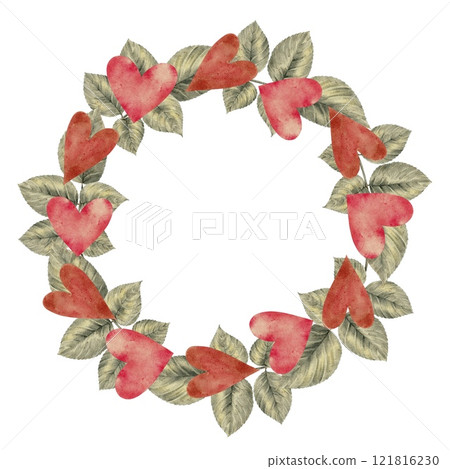 Roses branch with green leaves with hearts wreath watercolor illustration. For decorating holidays, Mothers Day cards, Valentines Day, weddings, birthdays, funerals in a realistic botanical style. 121816230