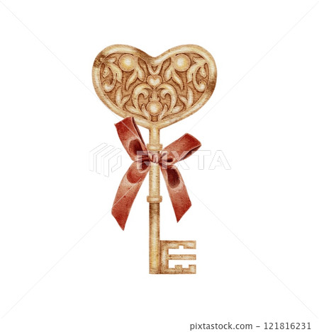 Gold retro key heart shaped with vintage patterns and red bow on white. For Wedding Cards, Valentine's Day, Birthday, Holidays, Invitations.  Gold retro key heart shaped with vintage patterns and red bow on white. For Wedding Cards, Valentine's Day, Birthday, Holidays, Invitations.  121816231
