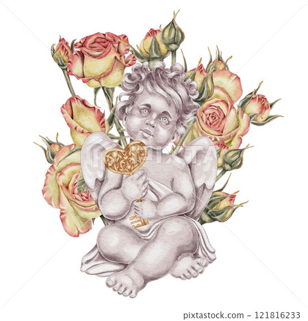 Cupid, Yellow with pink Roses and Gold retro key heart shaped with vintage patterns on white. For Wedding Cards, Valentine's Day, Birthday, Holidays, Invitations.  121816233