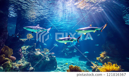 Sharks underwater ocean seascape wallpaper 121816367