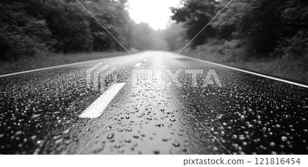 Rain drop on wet asphalt road autumn. Rainy weather 121816454