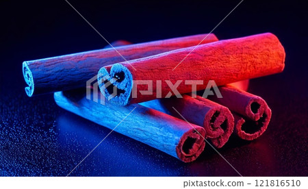 Vibrant cinnamon sticks illuminated with neon lights create a striking visual display 121816510