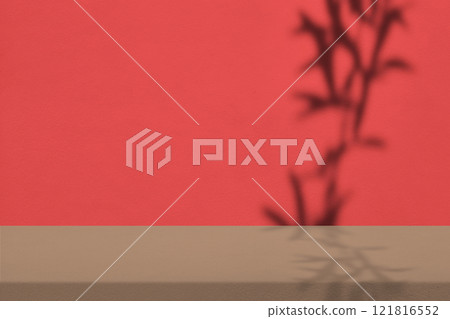 Brown Table with Willow Tree Leaves Shadow on Concrete Wall Background Brown Table with Willow Tree Leaves Shadow on Concrete Wall Background 121816552