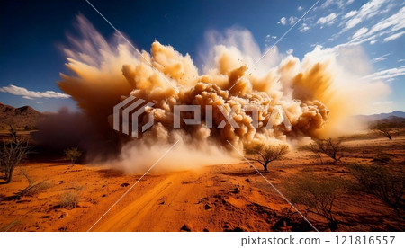 Dust storm sweeps across arid landscape during midday with dramatic cloud formation 121816557