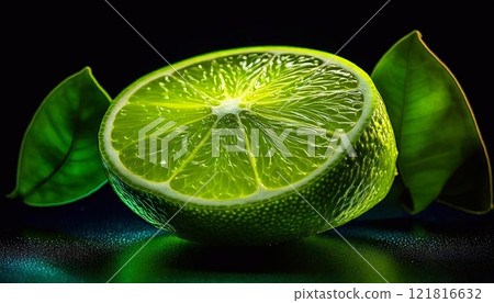 Fresh lime cut in half showcasing vibrant green color and texture 121816632