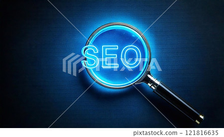Discovering SEO strategies with a magnifying glass in a neon-lit setting 121816635