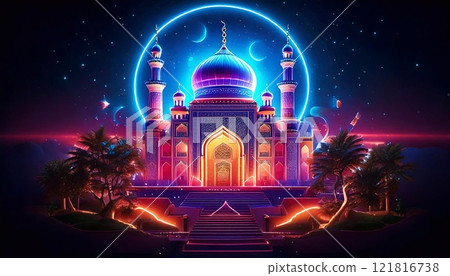 Ramadan neon artwork featuring a vibrant mosque illuminated under a crescent moon 121816738
