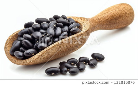 Black beans in wooden scoop isolated on white background with clipping path 121816876