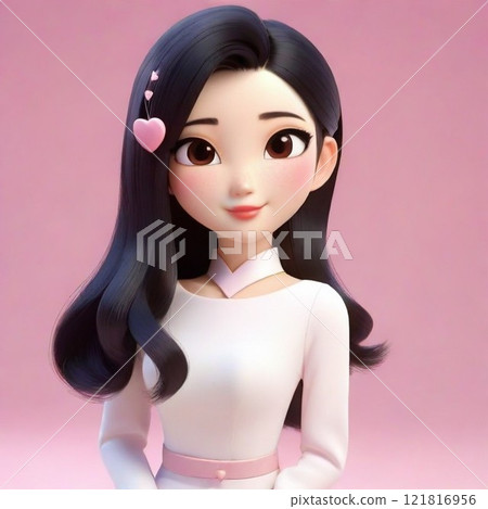 A black-haired girl in white clothes with a heart on her head 121816956